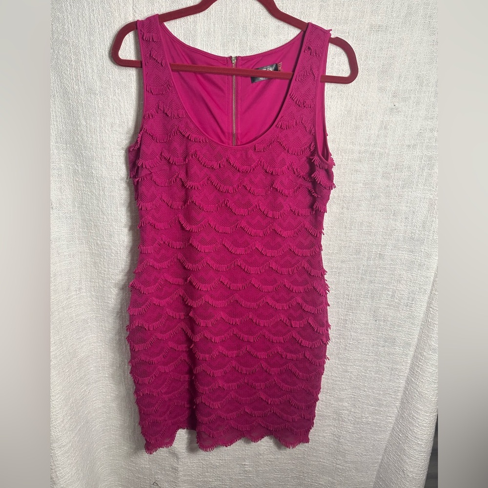 Guess Hot Pink Fringe Textured Sheath Dress | Size 6